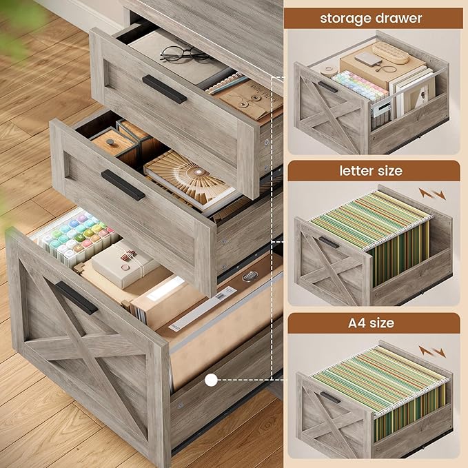SEDETA Farmhouse 67" L Shaped Desk with 3 Drawers, Executive Desk, Home Office Desks with Storage Shelves, Corner Computer Desk with Power Outlets for Home Office, Grey