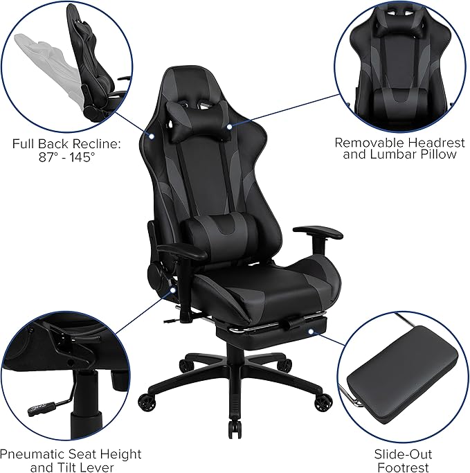 Flash Furniture Optis Black Gaming Desk with Cup Holder/Headphone Hook and Monitor/Smartphone Stand & Gray Reclining Gaming Chair with Footrest