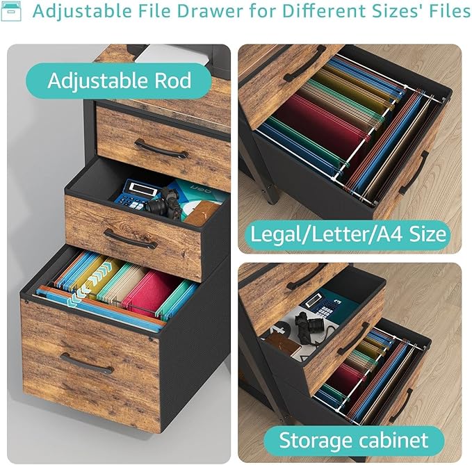 Lufeiya Computer Desk with Fabric File Drawers Cabinet, 55 Inch Reversible Home Office Desks with Filing Cabinet for Small Space, Study Writing Table PC Desks with Storage for Bedroom, Rustic Brown
