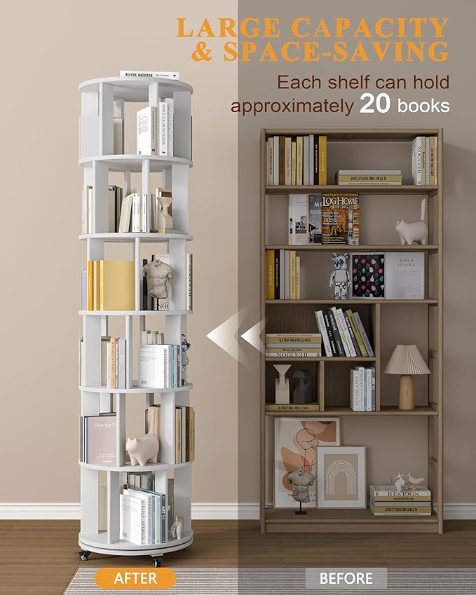 IUNVR Rotating Bookshelf, 6 Tier Solid Wood Bookshelf Tower with Lockable Wheels, 360° Spinning Revolving Bookcase for Small Spaces, Corners, Bedroom, Kids Room, Home Office, White