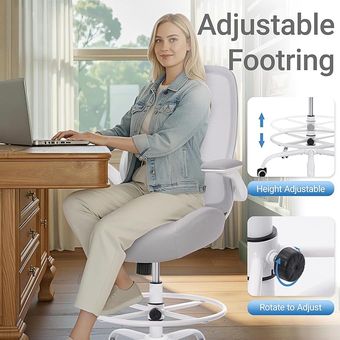 HYLONE Drafting Chair Tall Office Chair with Flip-Up Armrests Ergonomic Computer Chair with Lumbar Support Adjustable Footrest Ring Mesh Standing Desk Chair (Grey)