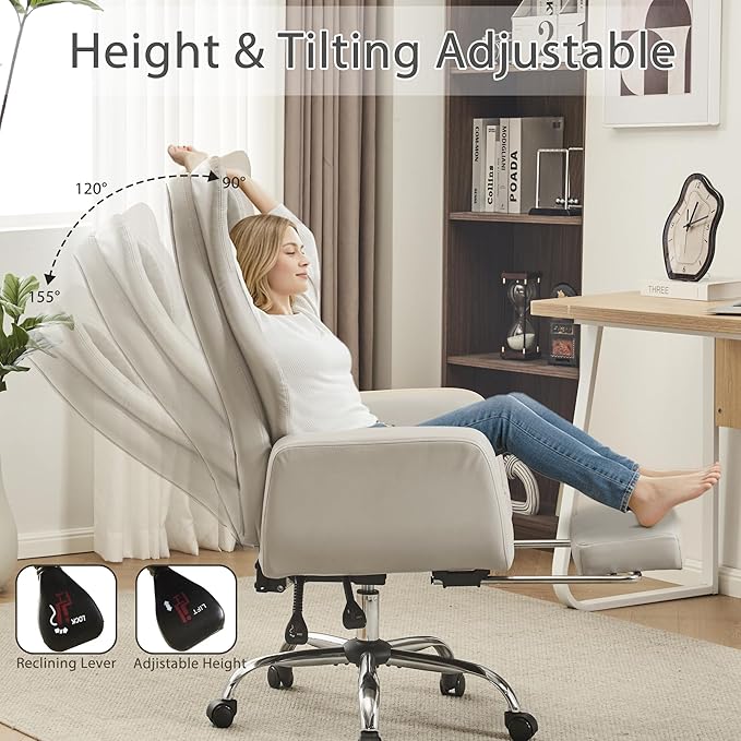 Ergonomic Cross Legged Office Chair with Footrest,Leather Big and Tall Executive Chair with Wheels,Reversible Armrest and Lumbar Pillow,155° Reclining Computer Wide Desk Chair for Home,Office (Beige)