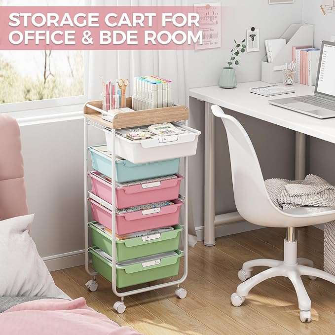 SYKIARIOL Rolling Storage Utility Cart with 6 Drawers,Art Supply Craft Organizer,Sewing Makeup Organizer and Storage,Office Organization Wooden Tabletop,Dark Pink Blue