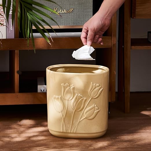 Beige Ceramic Tulips Small Bathroom Trash Can 2.6 Gal (10 Liter) - Heavy & Decorative Garbage Bin for Bathroom, Kitchen, Office, Bedroom & Living Room Corner