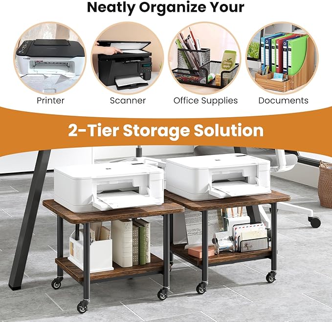 Giantex Under Desk Printer Stand, 2-Tier Mobile Printer Table with Storage Shelf, Lockable Wheels & Metal Frame, Rolling Printer Cart Holder, Storage Rack for Home Office Scanner Fax Machine (Brown)