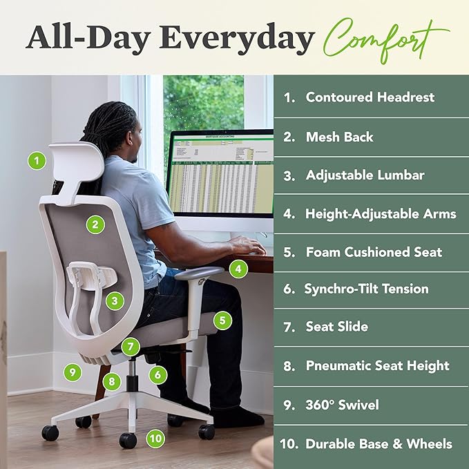 HON Altern Ergonomic Office Chair with Headrest, Arms, Wheels, Foam Cushion Seat, Mid Back Home Office Desk Chair Comfy, Gaming Chair, Height Adjustable Arms, Synchro-Tilt, Black Frame, Bark