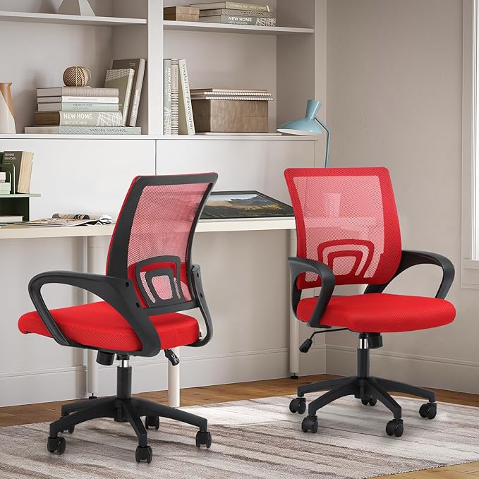 Magshion Office Chair Pack of 2, Ergonomic Mid-Back Mesh Desk Chair, Rolling Computer Chair with Lumbar Support & Comfy Armrests for for Gaming, Work, Study, 300 Lbs Capacity, Red