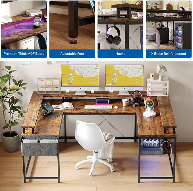 Jojoka U-Shaped Computer Desk with Power Outlets & RGB LED Lights - Reversible l-Shaped Office Desk, Full Monitor Stand, Modern Home Office Workstation, 600lbs Capacity 79",Game Desk, Multiple Colors