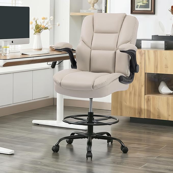 Drafting Chair 500Lbs, Tall Office Chair for Standing Desk, High PU Leather Executive Office Chair with Flip-up Armrests, Ergonomic High Chair with Adjustable Foot Ring, Comfy Stool Chairs, Beige