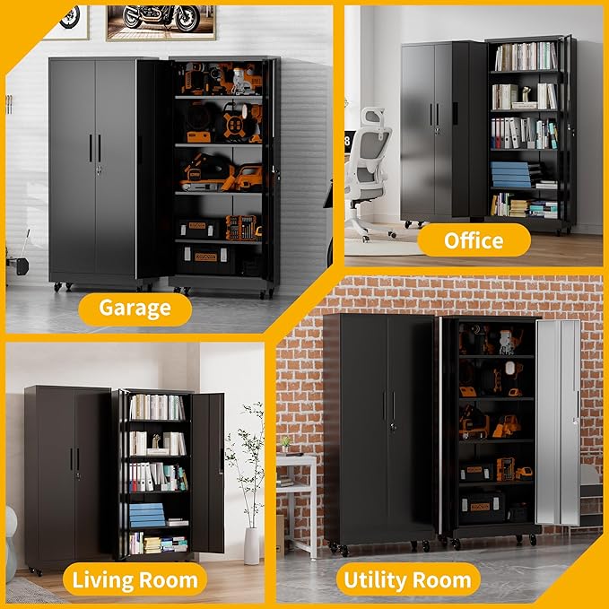 Metal Storage Cabinet with Wheels, 74.5" Garage Storage Cabinet with 4 Adjustable Shelves & Lockable Doors, Heavy Duty Garage Cabinets for Office, Home, Garage, Gym, School