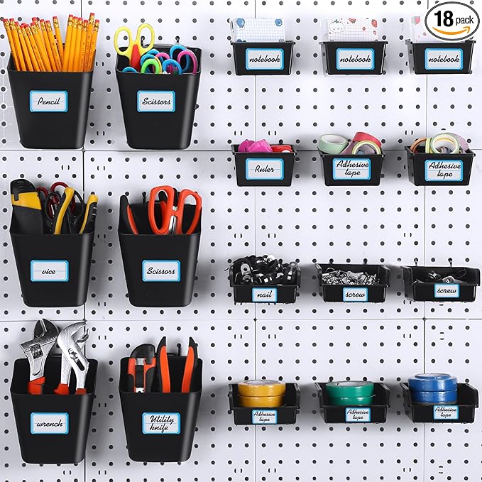 Uiifan 18 Set Pegboard Bins Kit Plastic Pegboard Cups with Metal Hooks Wall Containers Organizer Accessories with Label Stickers for DIY Tools Craft Office Workshop Garage Storage(Black)