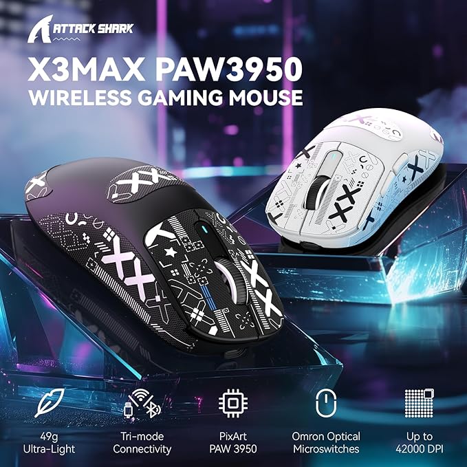 MAMBASNAKE Attack Shark X3MAX Wireless Gaming Mouse,PixArt PAW3950 42000 DPI,49g Ultralight Tri-Mode(BT5.4/2.4GHz/Wired), 1K Polling Rate Programmable Computer Mice for PC/MAC/Win - Black&Tape