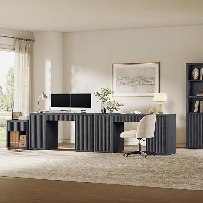 SICOTAS 61" Large Office Computer Desk with Storage Modern Home Office Desks with Drawer & Doors Fluted Desks Executive Desk Wooden Writing Table Vanity Table for Living Room Bedroom, Black Alder