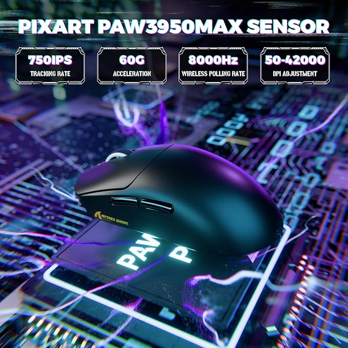 ATTACK SHARK X8 Ultimate Wireless Gaming Mouse,55g Ultra-Lightweight BT/2.4GHz Wireless/Wired Mouse,8K Polling Rate,PixArt PAW3950MAX Sensor,42000 DPI,800mAh Battery,Gamer Mice for PC/Win/Mac(Black)