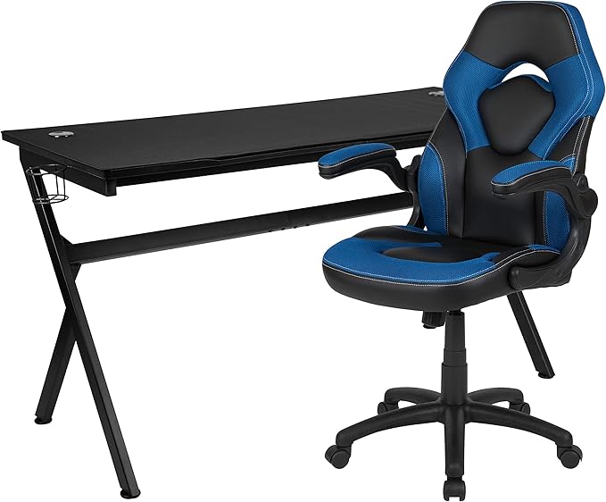 Flash Furniture Gaming Desk and Blue/Black Racing Chair Set/Cup Holder/Headphone Hook/Removable Mouse Pad Top - 2 Wire Management Holes