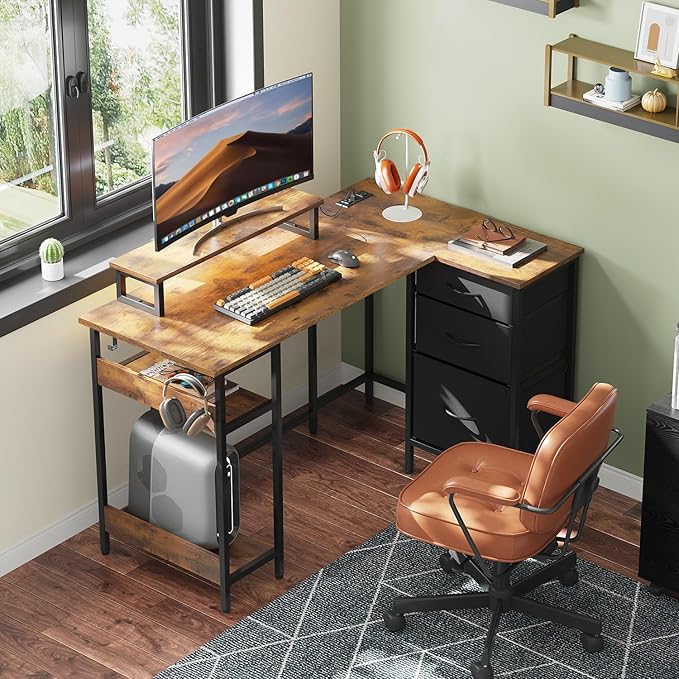 DEVAISE L Shaped Desk with Drawers and Storage, L Shaped Office Desk with Power Outlets, CPU Stand, Monitor Stand, Gaming Table with LED Light, Corner Desk for Home Office (Rustic Brown, 48*31 Inch)