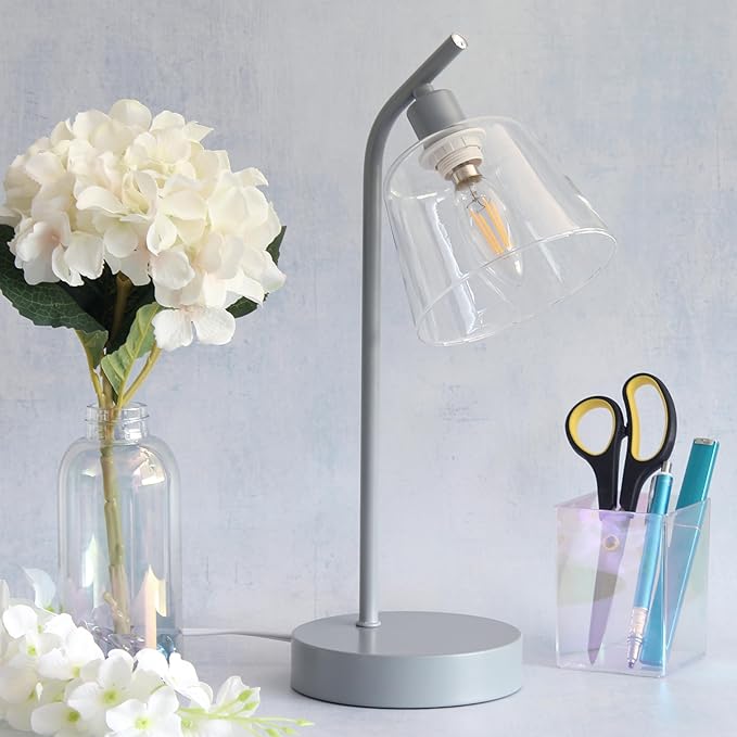 Simple Designs LD1080-GRY 16" Sleek Essentials Modern Industrial Metal Desk Lamp with Clear Glass Shade, for Office, Desk, Nightstand, Dorm, Gray
