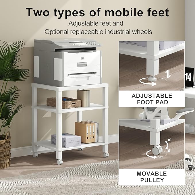 3-Tier Printer Stand with Wheels, Large Under Desk Rolling Cart for Office Storage, Heavy Duty Machine Stand with Adjustable Shelf, 22.04"x17.71"x26.54", White