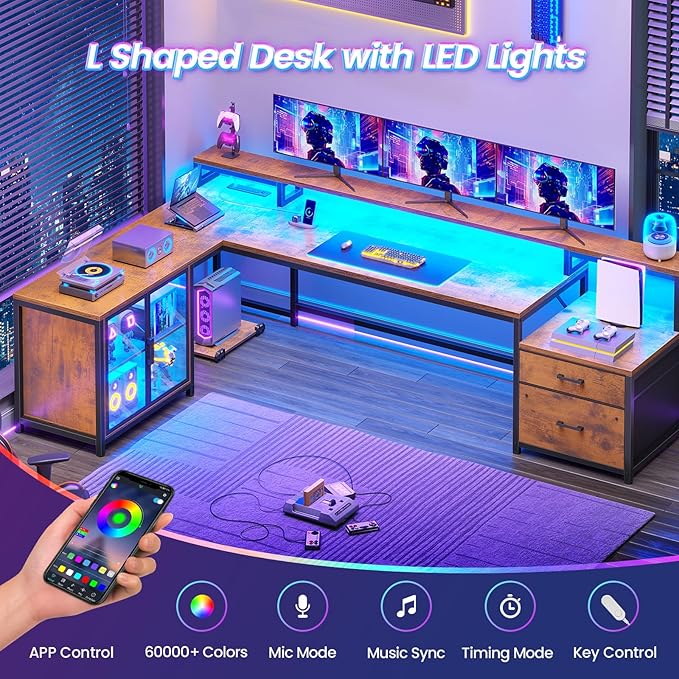 SEDETA 78.7” Large L Shaped Desk with Storage Drawers, Office Desk with File Drawer and Display Cabinet, L Shaped Gaming Desk with Storage, Power Outlet and LED Lights for Home Office, Rustic Brown