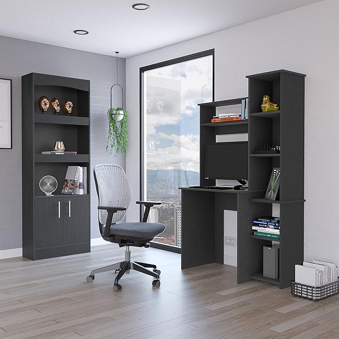LIFE SKY Office Desk & Chair Set: Modern Wood Computer Desk with Bookshelf & Mesh Back Chair - Home Office Furniture for Small Spaces & Remote Workers