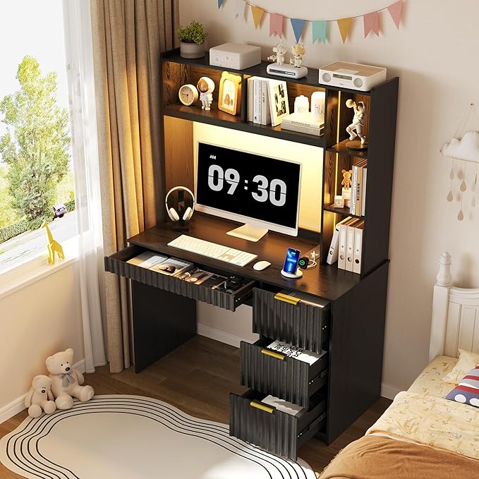 Lvifur Home Office Desk - with Hutch & Storage Cabinet,LED Study Desk with Outlet and 3 Color LED and Card-Based Lock,Writing Desk Computer Desks for Studyroom,Ideal for Office Set,Black