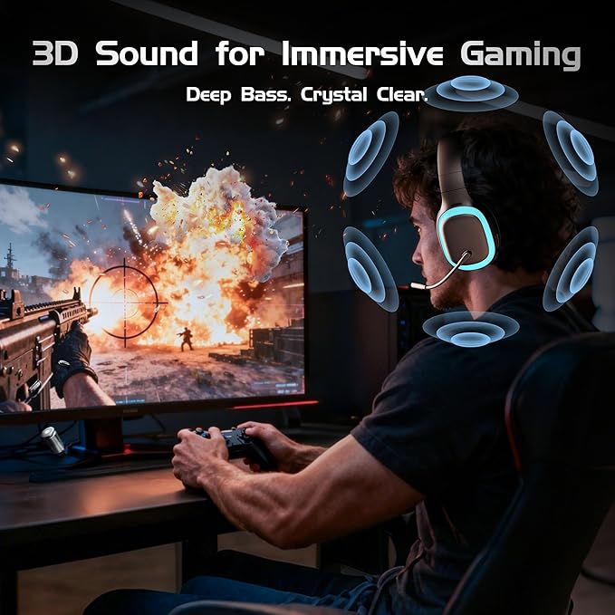 2.4Ghz Wireless Gaming Headset for PS5, PS4, PC, Mac, Bluetooth 5.4 Gaming Headphones with Noise Canceling Mic, 70H Battery, Surround Sound, Lay-Flat & Foldable - Black