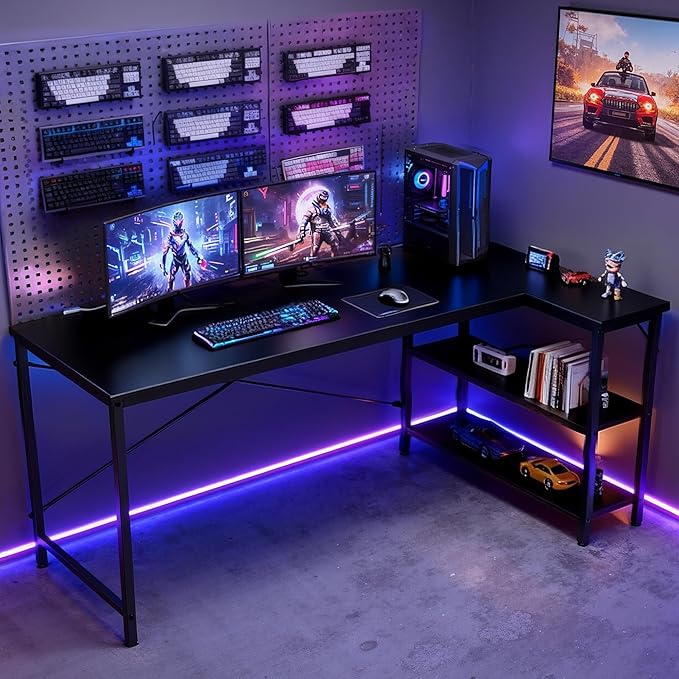 DUMOS L Shaped Desk 47 Inch Computer Desk Gaming Furniture Corner Desks Home Office PC Table with Reversible Storage Shelves for Writing Working Study Bedroom Dorm, Black
