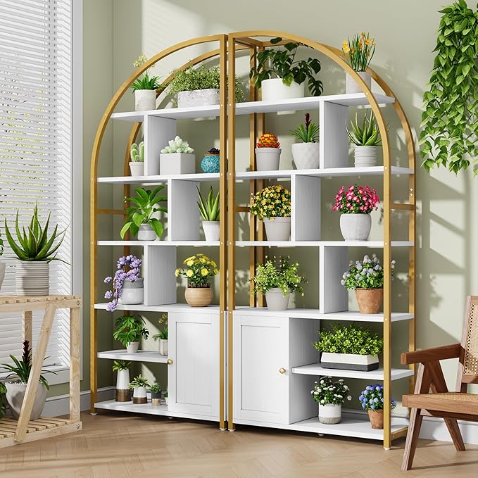 Jehiatek 71" Arc Gold Bookshelf with Storage Cabinet, Tall 6 Tiers Industrial Bookcase with Sturdy Metal Frame, Geometric Book Shelf for Lving Room, Home Office, Gold and White