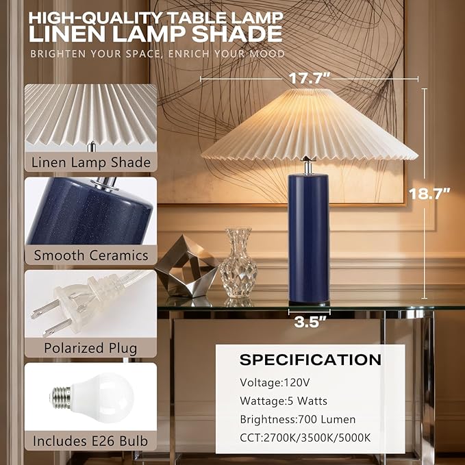 EOEYYOYB Ceramic Table Lamps for Bedroom Set of 2, Adjustable Shade Lamps for Night Stands, Modern Cylindrical Nightstand Table Lamps 5W E26 for Bedroom Bedside Buffet, Blue