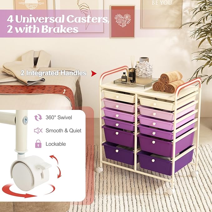Moccha 12-Drawer Rolling Storage Cart - Utility Cart on Wheels with Lockable Casters for Craft Art Supply Paper Salon, Mobile Drawer Carts for Classroom Teacher School Office (Gradient Purple)