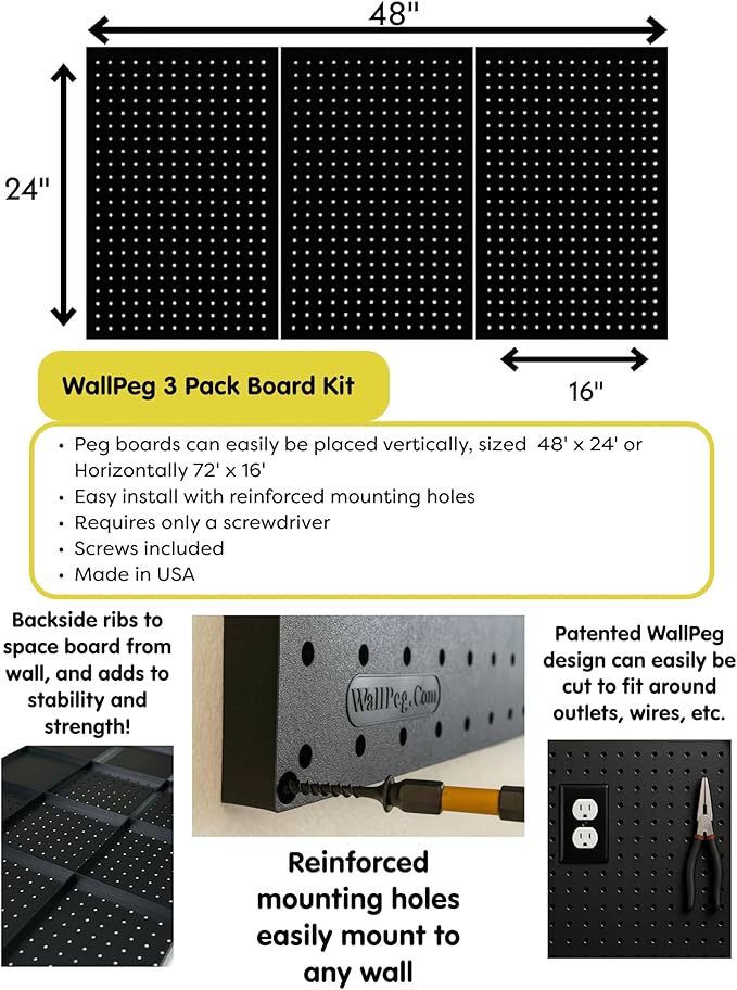 Wallpeg Peg Board for Nerf Gun Storage Organizer Kit 3 ea 24”x16” Pegboard Holder for Nerf Blasters Wall Organization