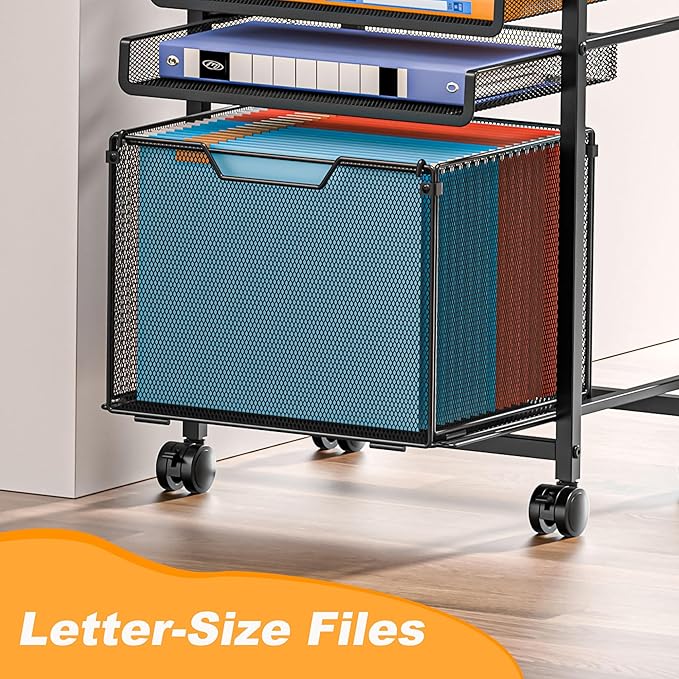 Feyejade Rolling File Cart 5-Tier, Under Desk Storage with Drawers, Filing Cabinet for Letter-Size File Storage, Sliding Metal Mesh Trays for Binder Storage, Office Storage & Organization for Teachers
