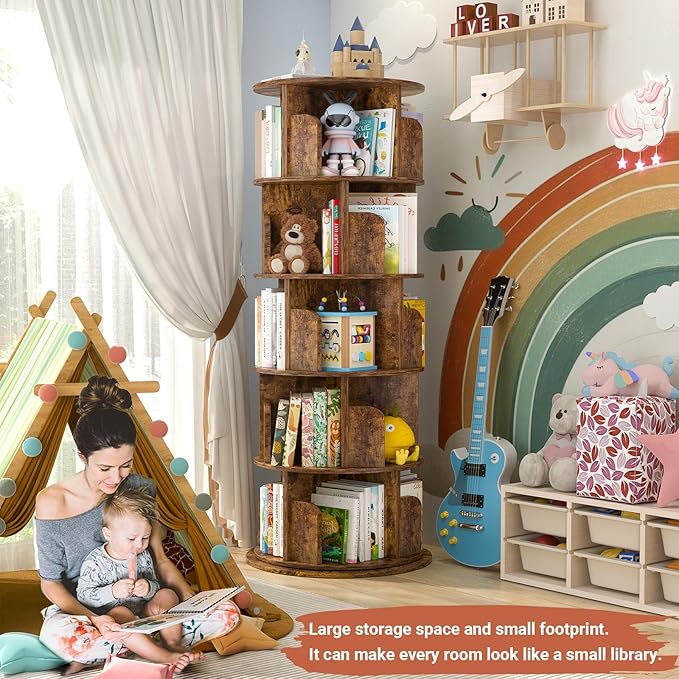 Besiost Rotating Bookshelf Tower, 5 Tier Spinning Bookcase, Revolving 360 Book Shelf Narrow Tall Bookcase, Vertical Turning Round Bookshelf Organizer, Corner Book Shelf for Small Space, Rustic Brown