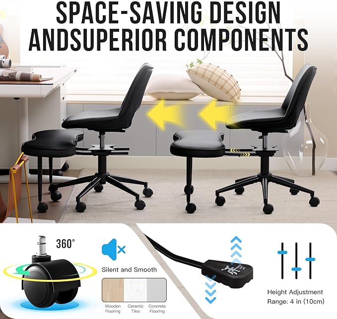 Ergonomic Cross Legged Office Chair with Wheels, 360° Swivel ADHD Chairs for Adults, Height Adjustable Seat for Meditation, Yoga - Wide Criss Cross Chair with Lumbar Support, Kneeling Chair, Black