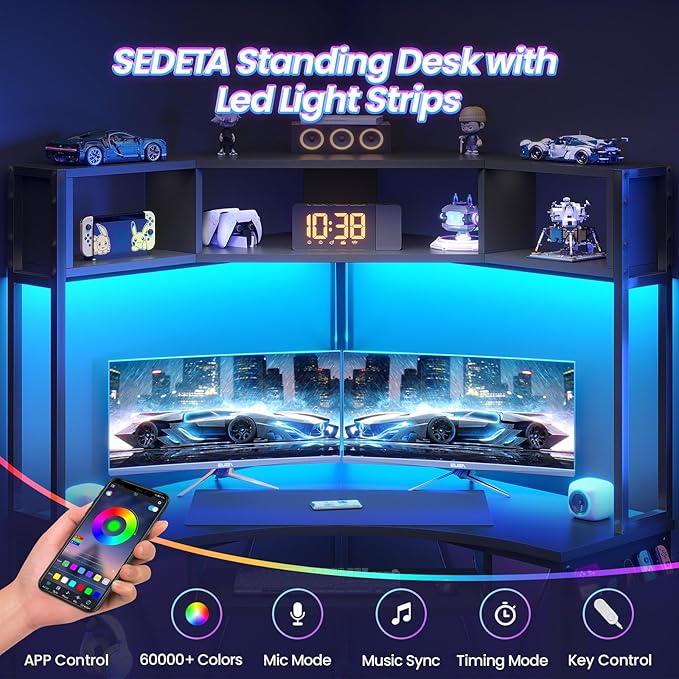 SEDETA Corner Desk, Small Computer Desk with Hutch & LED Lights, Triangle Corner Gaming Computer Desk with Keyboard Tray, Storage Bag, and Headphone Hook for Small Space, Home Office Desk, Black