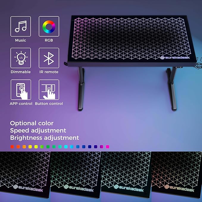 EUREKA ERGONOMIC RGB LED Gaming Desk, Music Sync Lights Up Tempered Glass Desktop, 43" GTG I43 Home Office Computer Table W Controller Rack 4 USB Charging Ports, APP Control