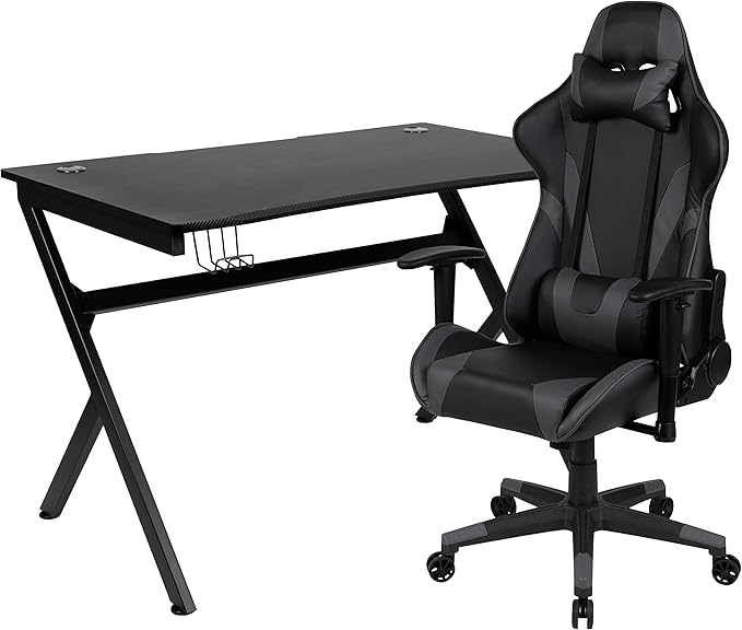 Flash Furniture Black Gaming Desk and Gray/Black Reclining Gaming Chair Set with Cup Holder, Headphone Hook & 2 Wire Management Holes