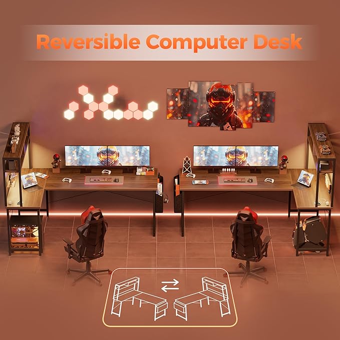 Mericonia 50 inch Large L Shaped Desk with Pegboard Hutch & Shelves, Corner Gaming Desk with Power Outlet, LED Light & Storage Bag, Reversible Computer Desk for Home, Bedroom, Office Workspace, Walnut