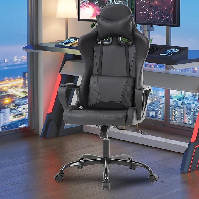 PayLessHere Ergonomic Racing Desk Chair Gaming Chair Computer Chair with Armrests 360° Swivel & Caster Pu Desk Task Chair Executive Headrest Lumbar Support for Back Pain Women Men and Adults (Black)