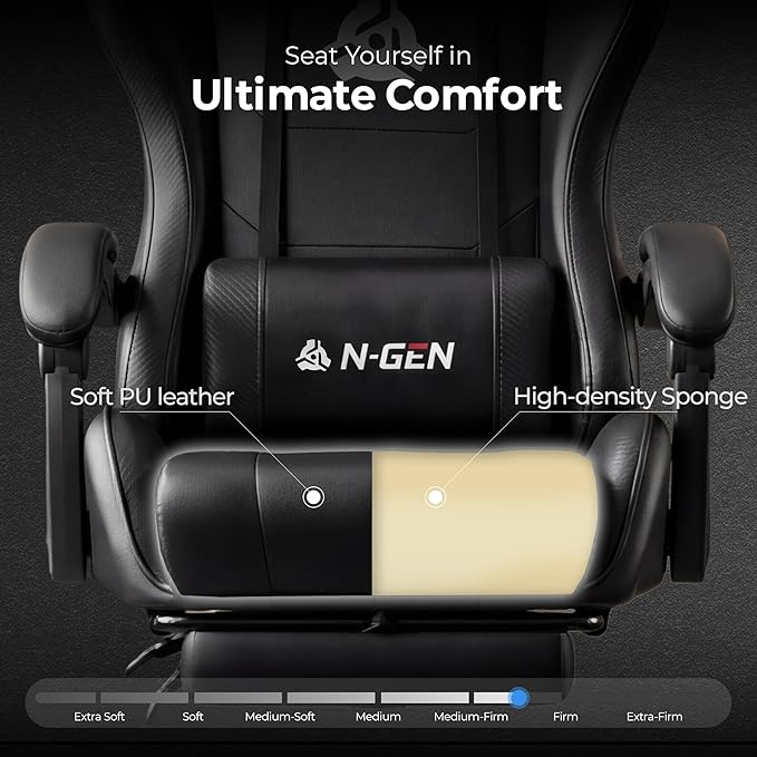 NEO CHAIR Video Gaming Chair with Footrest High Back Ergonomic Comfortable Office Computer Desk with Lumbar Support Height Adjustable with PU Leather Recliner for Adults Women Men (Black)