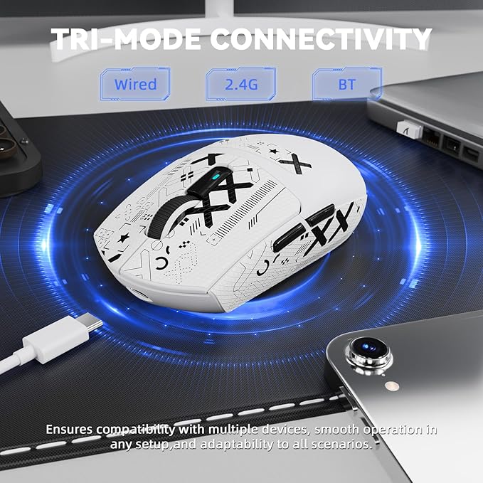 MAMBASNAKE ATTACK SHARK G3PRO Wireless Gaming Mouse with RGB Magnetic Charging Dock,Tri-Mode-2.4G/USB-C Wired/BT, 25K DPI,PAW3311 Optical Sensor,59g Ultra Lightweight,Slip Grip Tape for PC/Mac(White)