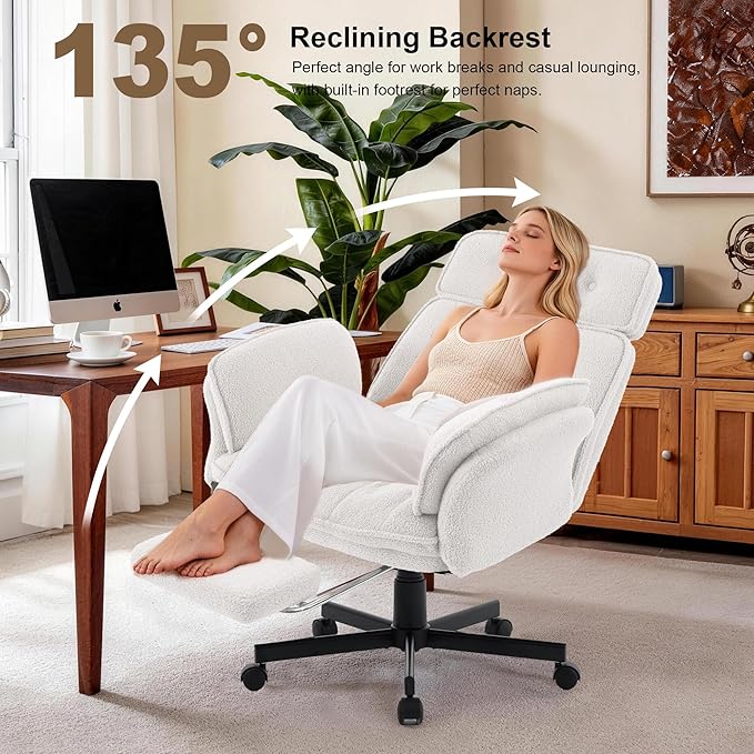 Criss Cross Chair with Wheels, Extra Wide Cross Legged Office Chair with Flip-Up Armrests & Footrest, Ergonomic Teddy Fleece Swivel Desk Chair with Adjustable Headrest for Home Office & Vanity White