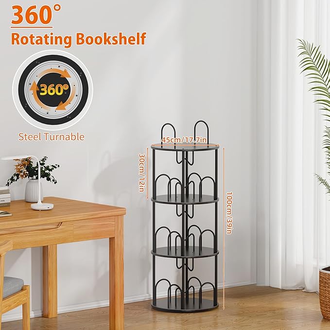 3 Tier Rotating Bookshelf, 360° Spinning Bookshelf Tower, Narrow Corner Book Shelf, Revolving Bookcase Corner Tall Book Shelf for Small Spaces, Bedroom, Living Room, Black
