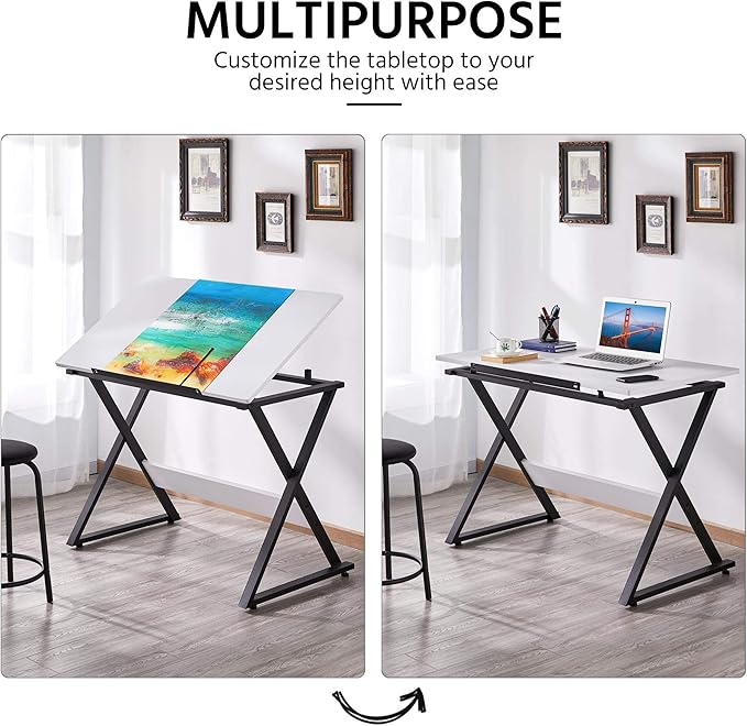 Topeakmart Height Adjustable Drawing Table Drafting Table up to 30 Degrees, Art Tilting Tabletop Workstation for Artists, Home Furniture Art Desk for Writing/Studying/Reading, White