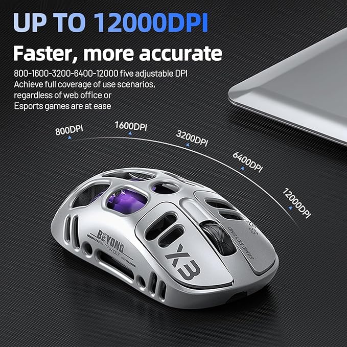 X3 Wireless Gaming Mouse with 70g Lightweight Hollowed Out Design – 12,000 DPI PAW 3311 Sensor, 6 Programmable Buttons, Support Wired/2.4GHz/BT for PC/Mac/Gamer (White)