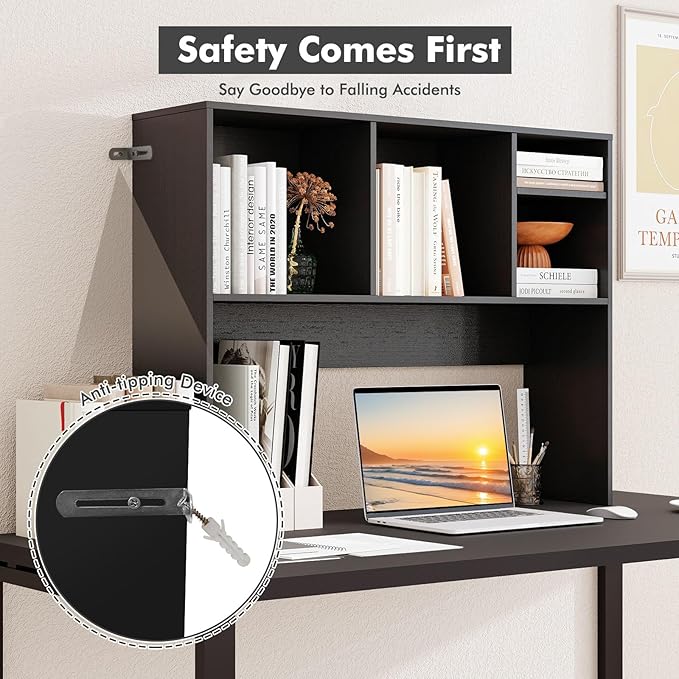 ReunionG Desk Hutch 2-Tier, Wood Hutch Top Only w/4 Shelves for Computer Monitor, Laptop, Dressing Table, Desk Organizer Display Rack Desktop Bookshelf for Home, Office, Dorm (Black)