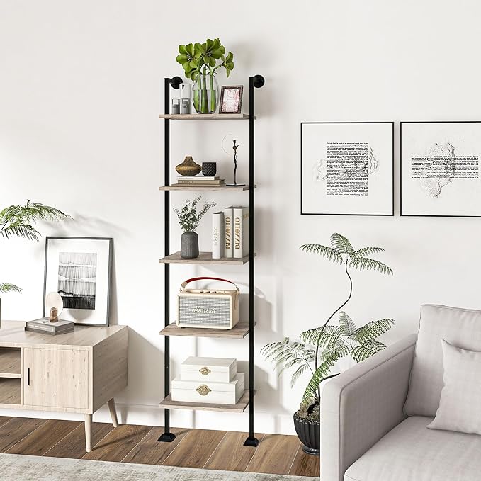 Axeman 5-Tier Ladder Shelf, Tall Narrow Bookcase for Small Spaces, Book Storage Organizer Case Open Shelves for Living Room, Home Office, Study, Industrial Style Black Metal Frame and Gray Shelf