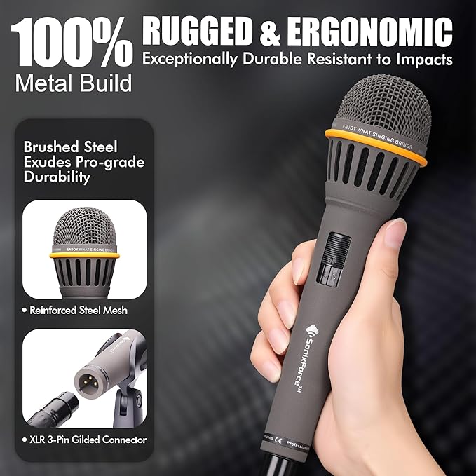 Dynamic Microphone - Professional Vocal Microphone for Singing - Handheld Wired Microphone with 16ft XLR to 1/4" Audio Cable - Mic for Speaking, Karaoke & Living Stage (Matte Grey)