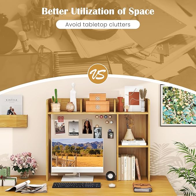 Desktop Bookshelf, 3-Tier Desk Hutch Shelf with 5 Display Rack for Computer Desk, Desk Organizer Shelves for Top of Desk, Dorm, Home, Office (Oak)
