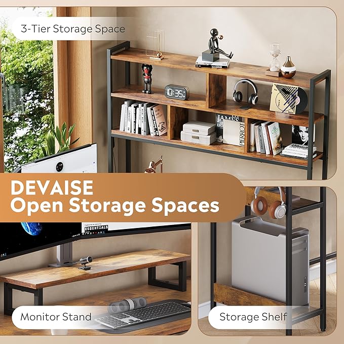 DEVAISE L Shaped Gaming Desk with Hutch, Reversible Computer Desk with LED Light, 3-Tier Shelves, 2 AC+2 USB Outlet and Monitor Stand, Corner Desk with Storage for Home Office (Rustic Brown, 60 Inch)